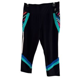 FILA Sport Black cropped Leggings with Teal and Blue Accents wide waistband Lg